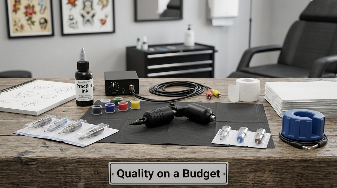 Affordable tattoo supplies for apprentices featuring a rotary machine, practice ink, and needle cartridges for high-quality tattooing on a budget.