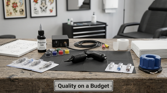 Affordable tattoo supplies for apprentices featuring a rotary machine, practice ink, and needle cartridges for high-quality tattooing on a budget.