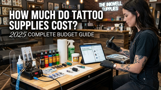 A tattoo artist in a modern supply shop works with a tablet and various supplies like ink bottles, needles, a power supply, and green soap, with the text overlay: "HOW MUCH DO TATTOO SUPPLIES COST? 2025 COMPLETE BUDGET GUIDE."
