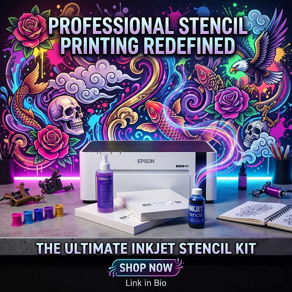 Epson EcoTank tattoo stencil printer combo package with inkjet stencil ink, prep spray, and stencil paper on a tattoo studio desk — professional stencil kit from Joker Tattoo Supply.