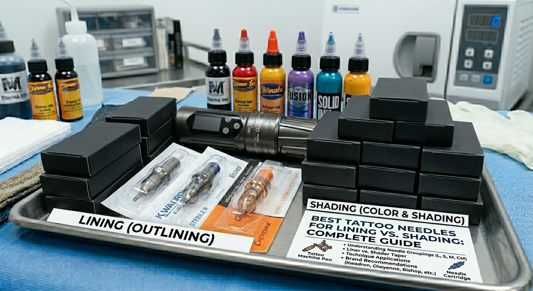 Stacks of plain, matte black supply boxes alongside loose sterile needle cartridges organized for lining and shading techniques, displayed on a medical tray with a wireless pen tattoo machine, vibrant inks, and a guide for professional tattoo artists.
