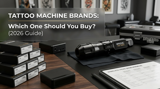 2026 guide to the best tattoo machine brands featuring the Bronc X2 NEO wireless pen, professional needle cartridges, and Joker Tattoo Supply gear.