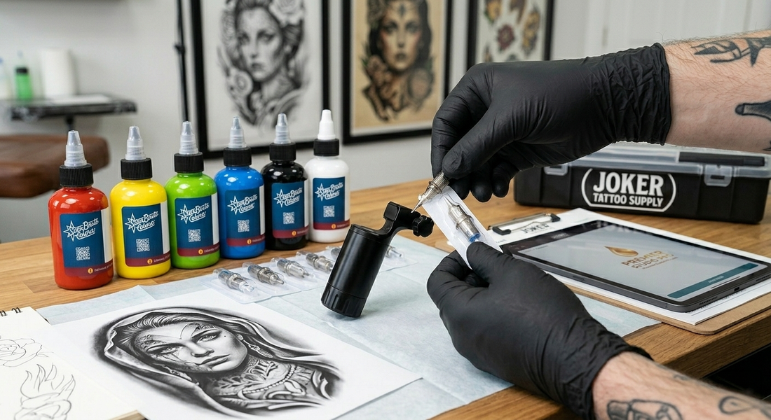 Professional tattoo needle safety guide showing a sterile cartridge replacement at a workstation with StarBrite ink and Joker Tattoo Supply gear.