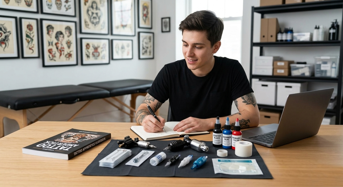 Tattoo apprentice researching the best tattoo supply distributors at a workstation with rotary machines and Dynamic ink.