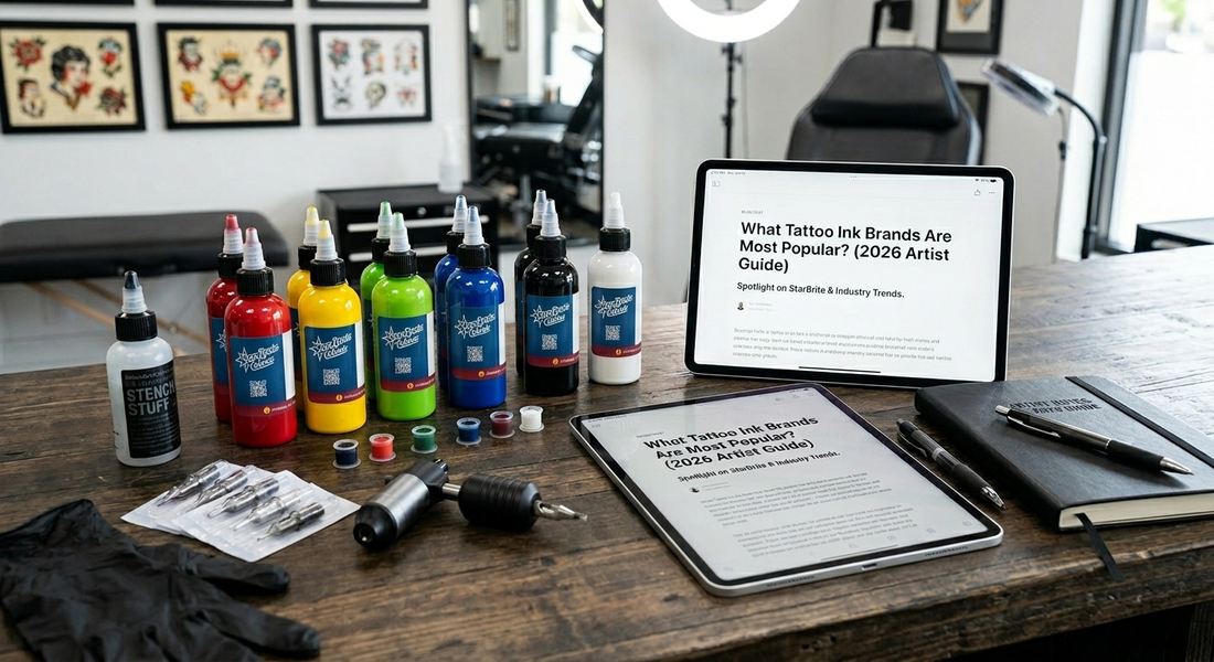 Most popular tattoo ink brands 2026 artist guide featuring StarBrite Tattoo Inks, professional rotary machines, and tattoo supplies in a modern shop.