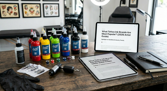 Most popular tattoo ink brands 2026 artist guide featuring StarBrite Tattoo Inks, professional rotary machines, and tattoo supplies in a modern shop.