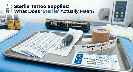 Sterile tattoo supplies, including packaged needles and a modern wireless pen tattoo machine, on a medical tray next to an autoclave sterilization unit with clear "sterilized" labels and an indicator strip for tattoo studio safety and hygiene standards.