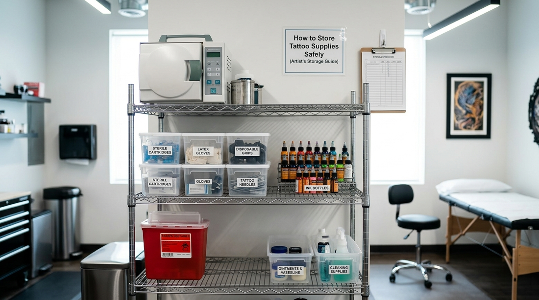 Organized tattoo supply storage rack with labeled bins for needles, gloves, and inks, an autoclave, and a red sharps container in a sterile studio.