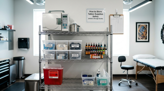 Organized tattoo supply storage rack with labeled bins for needles, gloves, and inks, an autoclave, and a red sharps container in a sterile studio.
