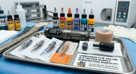 A curated tattoo supply subscription box unboxed on a medical tray, featuring a wireless pen tattoo machine, sterile needle cartridges from top brands, a vibrant lineup of tattoo inks, and cohesive studio essentials.