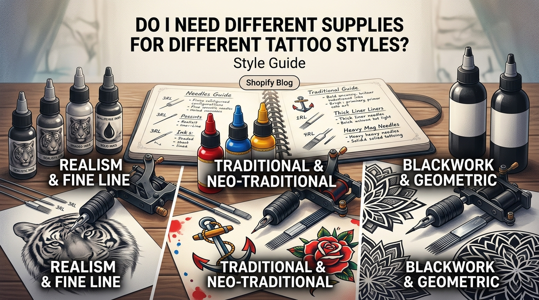 A tattoo style guide layout showing different tattoo supplies, machines, inks, and needles labeled for Realism, Fine Line, Traditional, and Blackwork tattooing styles.