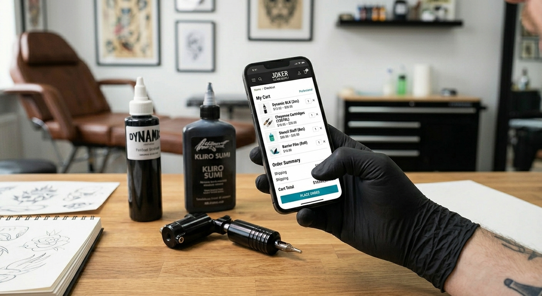 Professional tattoo artist using a smartphone to place an order for Dynamic ink and tattooing supplies at JokerTattooSupply.com.